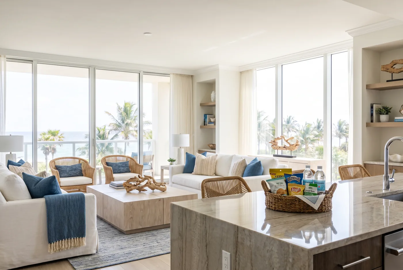 Coastal-luxury short-term rental living area staged and guest-ready in Clearwater
