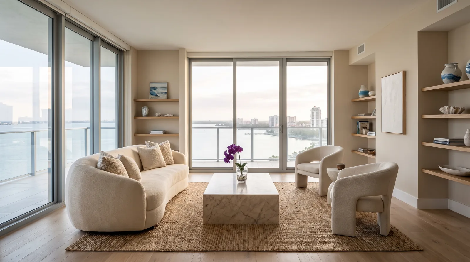 Luxury waterfront condo living room in St. Petersburg, professionally cleaned and styled