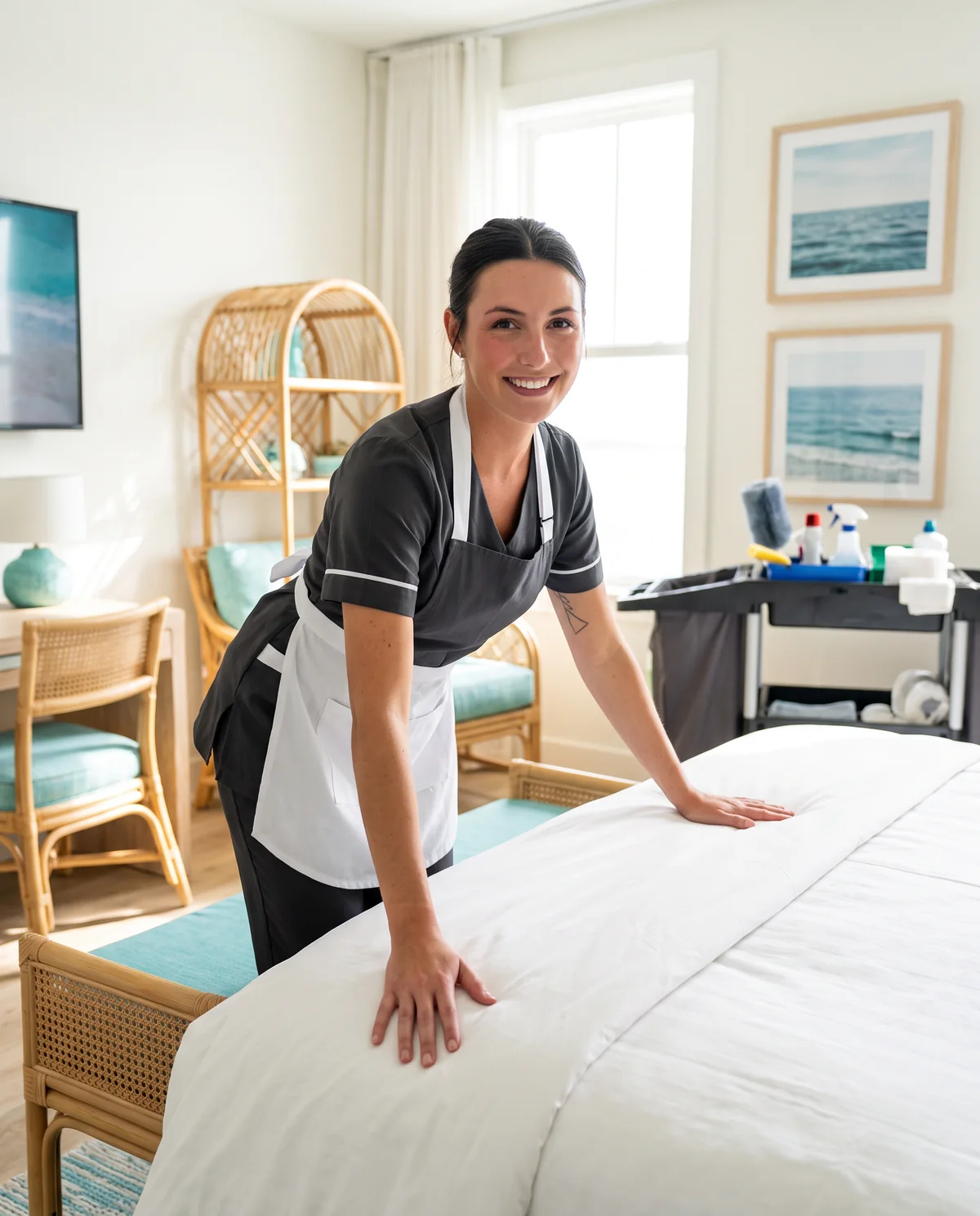 Madi preparing a short-term rental bedroom with fresh hotel-white linens