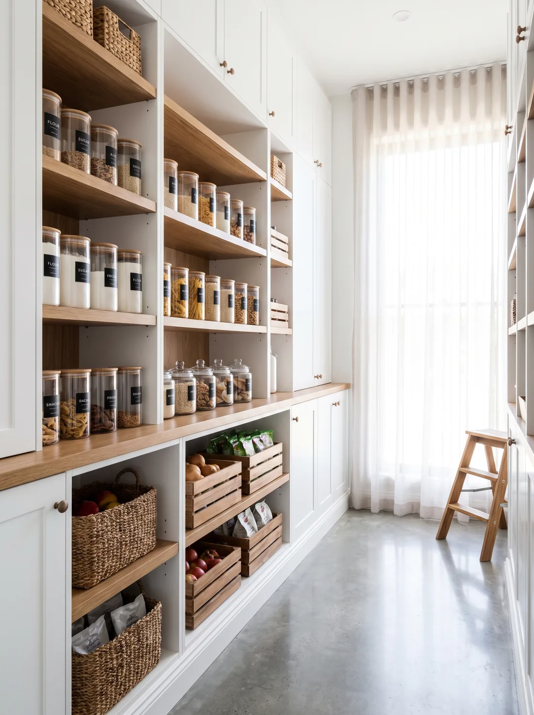 Beautifully organized luxury pantry with matching containers