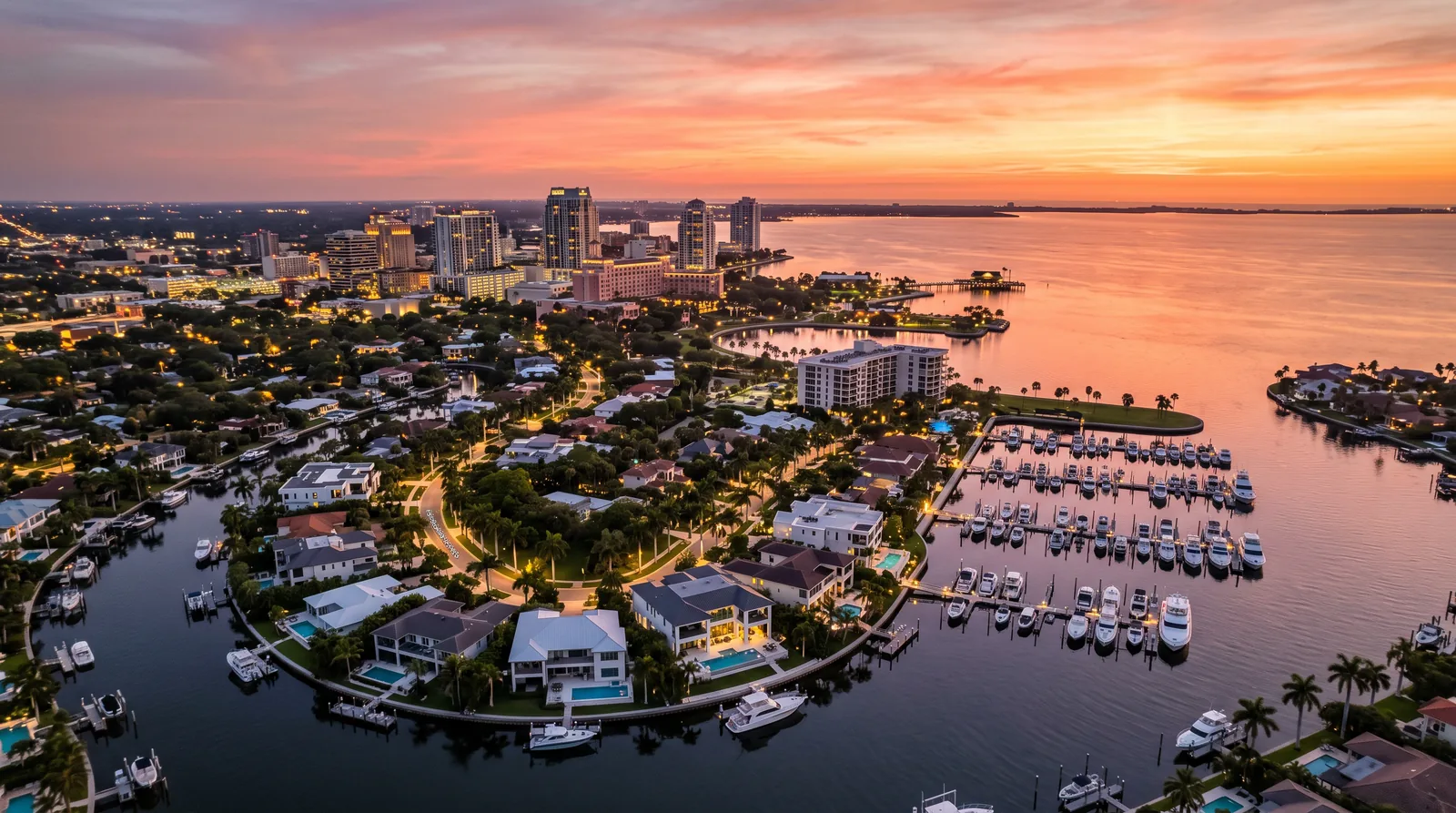 Upscale St. Petersburg waterfront neighborhood at twilight